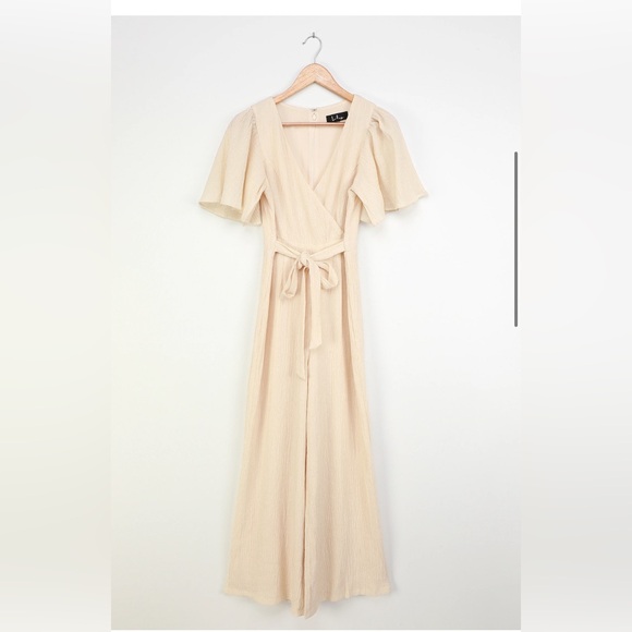 Lulu’s Heart's Desire Cream Flutter Sleeve Surplice Wide-Leg Jumpsuit - Picture 3 of 7